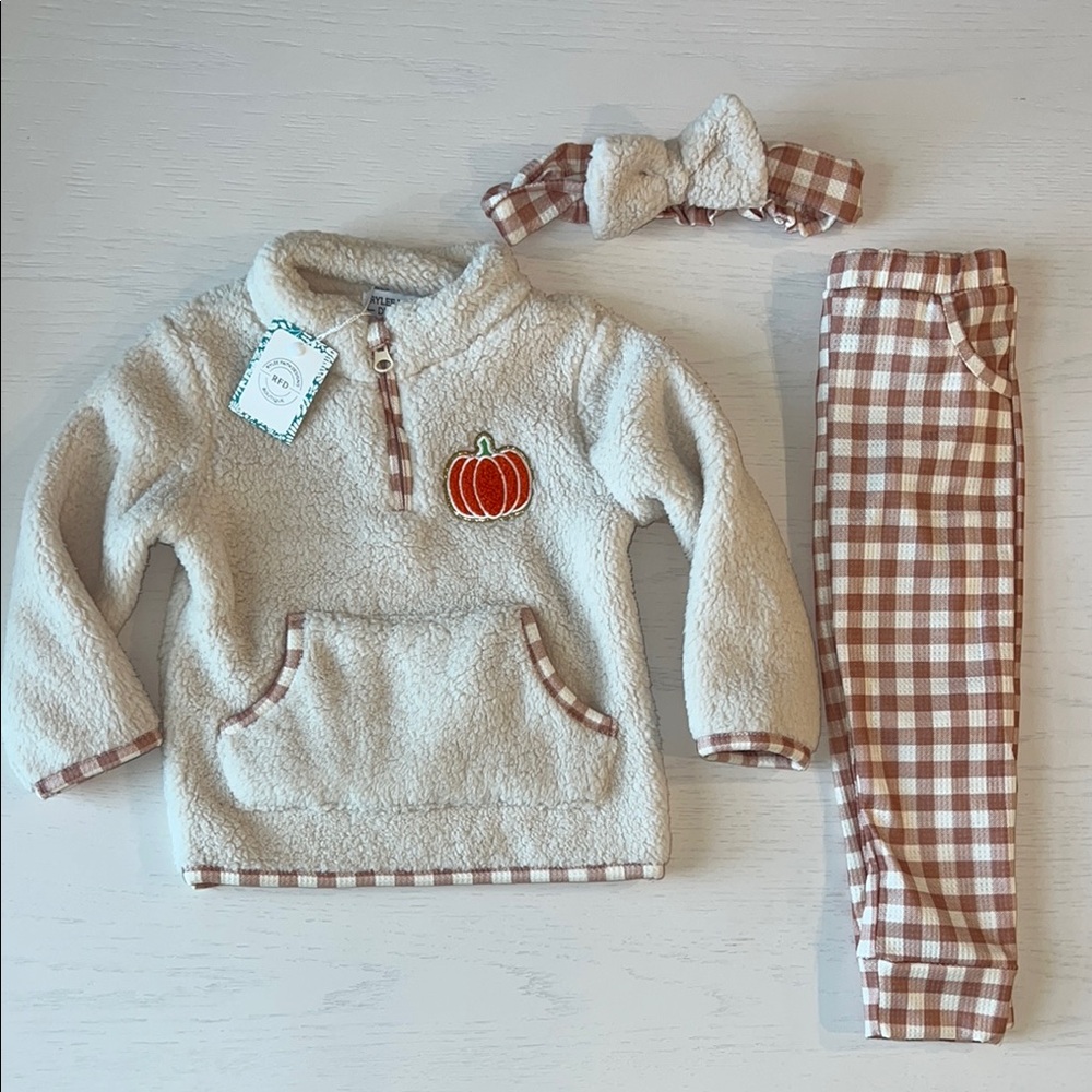 Rylee Faith Designs Furry Pumpkin Fleece Jacket Pants Headband Set 2T 3T 4 5 6 - Picture 2 of 9